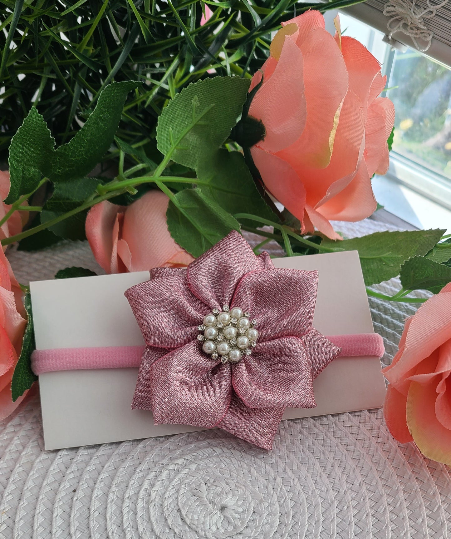Pink Flower Pearl Baby Headband